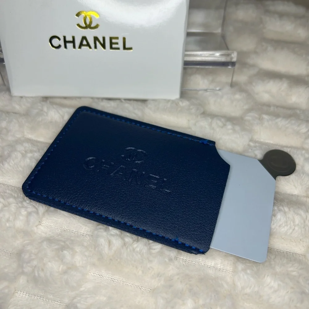 CHANEL Navy Mirror & Card Holder with Embossed Logo